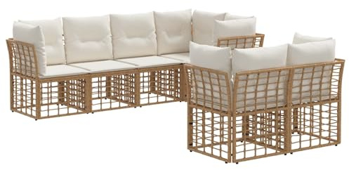 vidaXL Outdoor-Sofagarnitur mit Kissen 7 pcs Natur Polyester, Elegantes Garten Sofa Set, modulares Element, wetterfest, relaxen im Freien, vielseitige Lounge Möbel