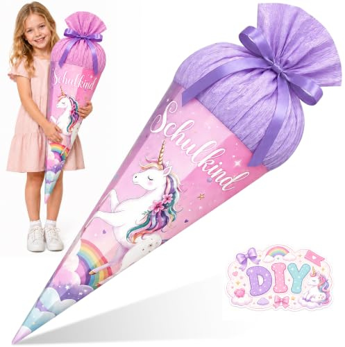 58cm Schultüte Einschulung Zuckertüte Mädchen Füllung Groß Bastelset | Geschwister Schultüten Einschulung Mädchen Geschenk, Einhorn DIY Zuckertüte 6-eckig, Lackkarton, Ø 24 cm Rosa