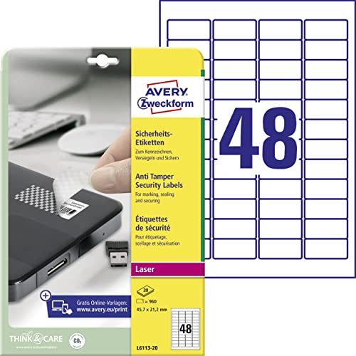 AVERY Zweckform L6113-20 Sicherheitsetiketten (960 Folienaufkleber, 45,7x21,2mm auf A4, stark selbstklebend, fälschungs-/manipulationssicher Sicherheitsfolie, bedruckbare Klebefolie) 20 Blatt, weiß