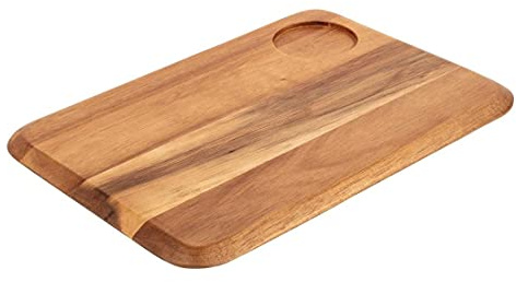 Olympia Rectangular Acacia Wood Presentation Serving Board, 340mm | Includes 80mm ramekin indents to hold sauces securely, with rounded edges for added safety in busy gastropub environments.