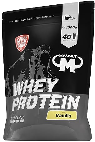Mammut Nutrition Whey Protein Pulver Vanilla – 1kg – 27g Protein pro Portion – Eiweißpulver mit hohem BCAA-Anteil – Perfekte Löslichkeit in Wasser & Milch – Ideale Zwischenmahlzeit