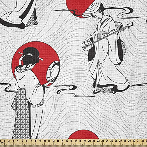 ABAKUHAUS asiatisch Stoff als Meterware, Modern Japanisch Kunstvoll, Microfaser Stoff für Dekoratives Basteln, 1M (230x100cm), Schwarz Rot