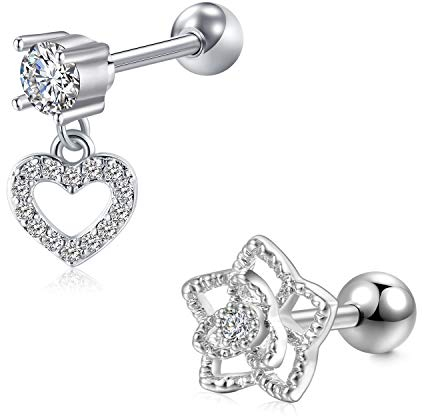 Briana Williams 2er Tragus Knorpel Helix Cartilage Stecker Bars 1,2mm 6mm Chirurgenstahl mit Herz Anhänger Piercing