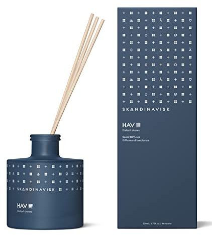 Skandinavisk HAV 'Meer' Duftstäbchen Diffuser mit 8 Stäbchen. Duftnoten: Salziges Sprühwasser (Gischt) und Seegras, Weißdorn und Strandrose. 200 ml.