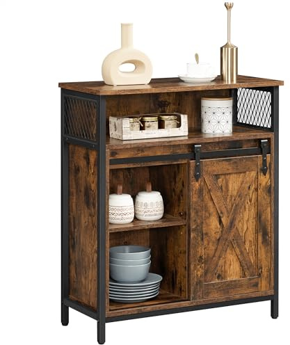 VASAGLE Buffet Cabinet, Coffee Bar Storage Cabinet, Sideboard with 1 Sliding Barn Door, Adjustable Shelves, 11.8 x 27.6 x 31.5 Inches, for Living Room, Rustic Brown and Ink Black ULSC089B01