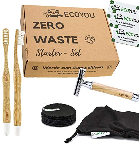 EcoYou Zero Waste Set Bad Geschenkset- Hochwertiger Rasierhobel aus Olivenholz, Waschbare Abschminkpads, 2 x Bambus Zahnbürsten und Rasierklingen - in Geschenkverpackung