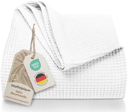 LAYNENBURG Premium Tagesdecke 180 x 220 cm - Waffelpique 100% Baumwolle - leichte Wohndecke Waffeloptik - Baumwolldecke als Bett-Überwurf, Sofa-Überwurf, Couch-Überwurf - Sofa-Decke (weiß)