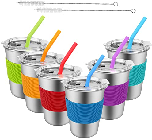 SSAWcasa Kids Cups with Straws and Lids, 6 Pack 12oz Spill Proof Sippy Cups, Stainless Steel Toddler Tumblers, Unbreakable Kids Water Drinking Glasses, BPA-Free Reusable Metal Mug for Children Adult