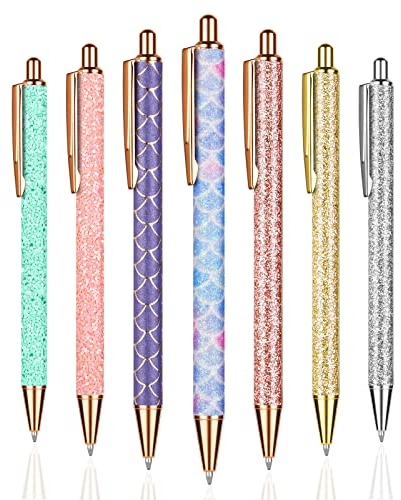 OSDUE Bling Metallstifte, 7 Stücke Glitzer Metall Kugelschreiber, Einziehbare Kugelschreiber, Rose Gold Rosa Kugelschreiber für Schule Büro Bedarf, 1,0 mm, Schwarze Tinte