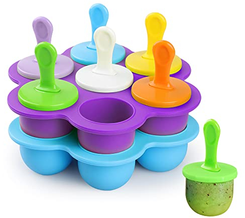 WD&CD 2 PièceMoules à Popsicle en Silicone à 7 Trous Réutilisable DIY Frozen Moules à Glaces, Récipient de Stockage de Nourriture pour Bébé- sans BPA- Bâtonnets Colorés 18 Pièce Inclus (Violet+Bleu)