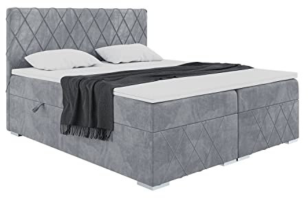 MEBLINI Boxspringbett mit Bettkasten - Gepolstert Doppelbett mit Matratze und Topper - Polsterbett mit Stauraum - Bett mit Kopfteil - Stauraumbett - ROYAL - 120x200 - H3/Grau Samt