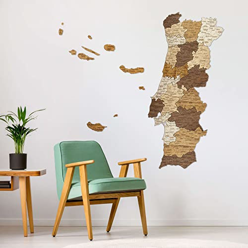 68travel Mapa de madera de Portugal (49 x 98 cm) Arte de pared grande multicapa con manchas naturales - para sala de estar, estudio, oficina