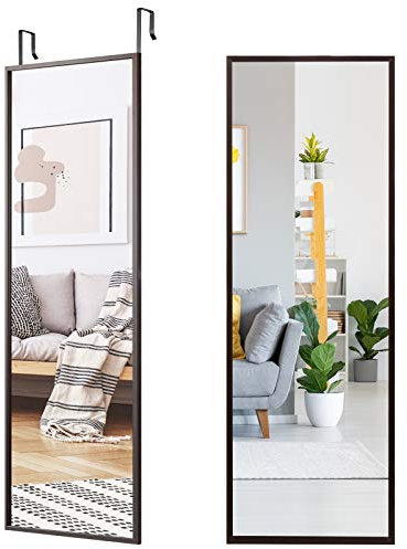 COSTWAY Over The Door Mirror, Full Length Hanging Mirrors with Adjustable Hooks, Wall Mounted Dressing Mirror for Bathroom, Bedroom and Wardrobe, 108 x 36cm (Coffee)