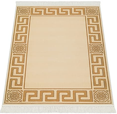 Premium Mäander Teppich Wohnzimmer Schlafzimmer Esszimmer Kurzflor Viskose in Creme Beige - Mäander Muster Weich Anti-Rutsch Seidenglanz 100% Viskose - beige, 67x105 cm