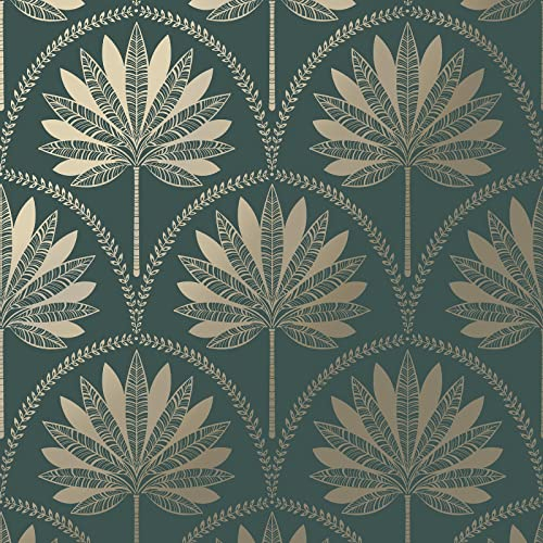 Holden Decor Palm Print Glistening Wallpaper - Modern Metallic Wallpaper for Living Room, Bedroom, Fireplace - Decorative Luxury Tropical Wall Paper with Large Palm Leaves (Teal/Gold)