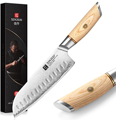 XINZUO Acero Inoxidable 18.2cm Cuchillo Santoku, 10Cr15CoMoV Acero Compuesto de 3 Capas Cuchillo de Cocinero Chef, Profesional Cocina Afilado Cuchillo para Verduras -Mango de Madera Pakka