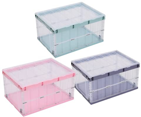 TUKA-i-AKUT 3x Faltbare Aufbewahrungsboxen mit Deckel, Stapelbar Faltbar, Stabile Stapelkisten mit Handgriff, Stapelbehälter Organizer Faltboxen Stapelboxen Durchsichtig, 3x 55L in 3 Farben TKD8640