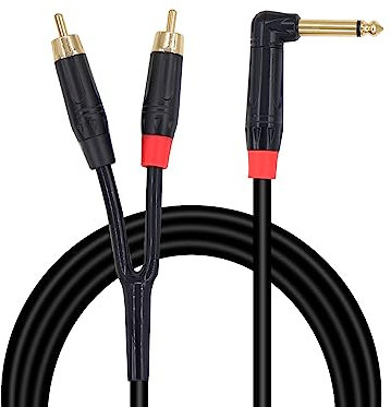 RIIEYOCA Vergoldetes 1/4 Zoll TS zu Dual RCA Audio Kabel, 90 Grad rechter Winkel 6.35mm Quarter Inch Male TS Jack zu 2 RCA Phono Male Stereo Y Splitter Kabel, 6.6FT / 2M