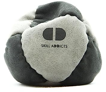 Skill Addicts Footbag - Grau Schwarz (Freistil Foot Bag für jedes Fähigkeitsniveau, Enthält einen Satz Hackysack-Aufkleber und eine App zum Erlernen von Tricks)