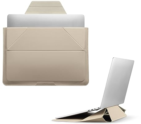 MOFT Laptoptasche Hülle & Laptop Ständer für 13-14 Zoll Laptop, Vegan Leder Laptoptasche mit Erweiterbarem Stauraum, 2 Verstellbare Winkel, Kompatibel mit MacBook Air/Pro 13-14 Zoll, Strand Weiß