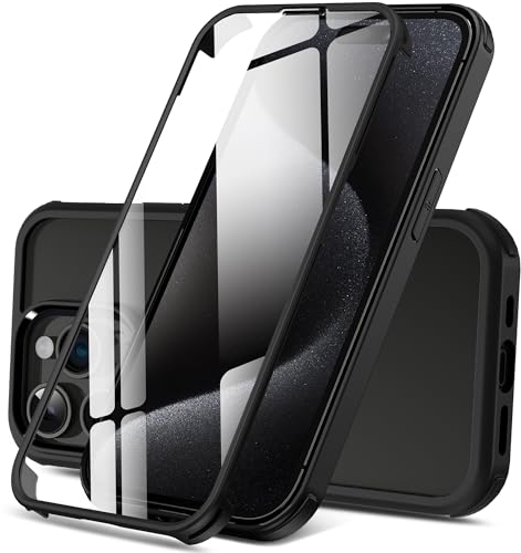 DOSNTO Doppelseitig Durchsichtig Hülle für iPhone 15 Pro Max (6.7''), 360 Grad Ganzkörper Stoßfeste und Fallschutz Handyhülle Eingebauter Gehärtetem Glas Displayschutzfolie Robust Schutzhülle, Schwarz