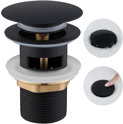 Ulytid Bonde de Lavabo avec Trop Plein, Bouchon Lavabo Salle de Bain, Bonde de vidage Pop-up Clic Clac Anti-colmatage, Universelle Standard-G 1 ¼, Finition Noir Mat