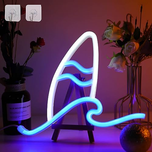 DWOOKE Surfbrett-Neonschild, LED-Wellen-Neonlichter für Wanddekoration, blaue Ozean-Neonschilder, batteriebetrieben oder USB-betrieben, Surfer, Strand, Neonlichter für Schlafzimmer, beleuchtete