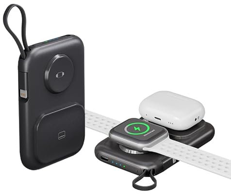 Portable Apple Watch Charger, 5000mAh Mini 3-in-1 Travel Power Bank with Built in Cable, Apple Watch and Phone Charger, Compatible with Apple Watch Series 8/7/6/Se/5/4/3/2 Airpodes 1/2/3/pro (Black)