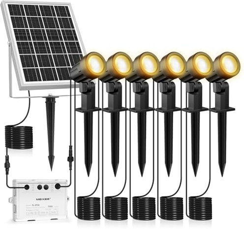 MEIKEE 6 in 1 Solar Spot Lights Outdoor Garden Warm White 2700K Dimmable Garden Spike Light Breathing & Strobe Modes Lawn Lights Solar Landscape Spotlights IP66 Waterproof for Yard Lawn Trees Path