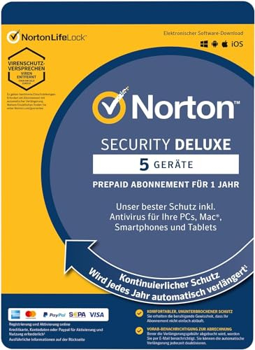 Norton Virenscanner Programm / Security Deluxe 5 Geräte / 1 Jahr - DOWNLOAD - Inklusive Antiviren Software - für Windows, Mac, Android, iOS / OHNE ABO