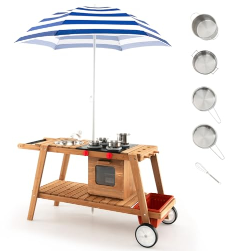 COSTWAY Cocina Infantil de Madera, Cocina de Juego de Madera para Exterior con Sombrilla de Sol, Horno Asador Simulado, Caja de Almacenamiento Extraíble, Juguete Carrito para Niños de 3+ Años (Azul)