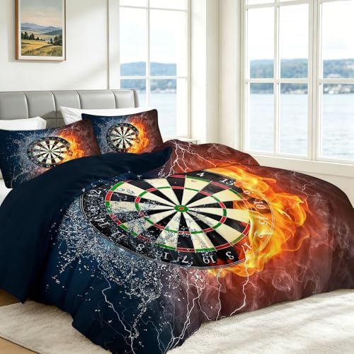 3D Dartboard Fire and Ice Duvet Cover Set Single 135 x 200 cm, Sports Theme Reversible Bedding with 2 Pillowcases, Soft Anti-Allergy & Non Iron Microfiber Quilt Cover for Boys Teens Children Adults