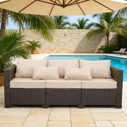 Rattan Star Outdoor Furniture Couch 3 Seater Sofa Outdoor Brown Wicker Sofa Deep Seat High Backrest Patio Couch with Non-Slip Cushions Waterproof Cover, Khaki