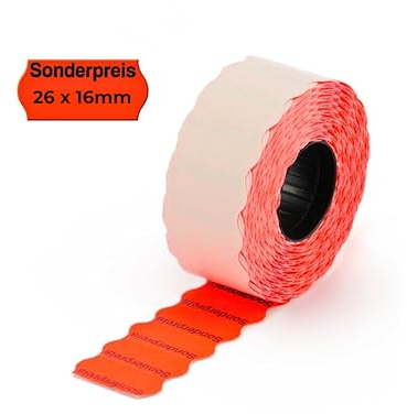 POKORNYS – 6600 selbstklebende Etiketten Sonderpreis für Preisauszeichner (rot / 26x16mm) I permanent haftend I Preisetiketten für Handauszeichner mit Wellenrand ​