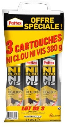 Pattex Ni Clou Ni Vis | Fix Idéal Bois (lot de 3 cartouches de 380 g) – Colle de fixation à maintien immédiat – Colle rapide pour usage intérieur – Colle blanche