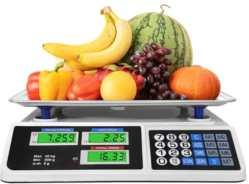 40 kg Preisrechenwaage, digitale Preisrechenwaage mit großer Edelstahl-Plattform, Gewicht Lebensmittel-Küchenwaage mit Dual-LCD-Display für Bauernmarkt, Einzelhandel, Fleischgeschäft, Delikatessen
