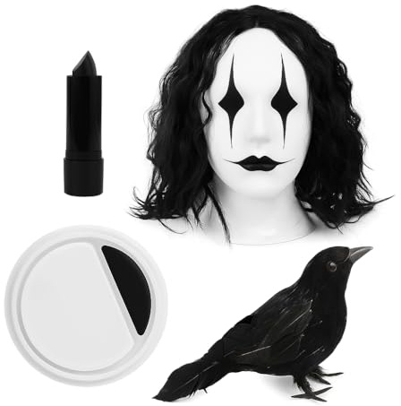 Erwachsenen-Krähen-Zubehör-Set – lange schwarze Perücke, schwarze Krähen-Requisite, schwarzer Lippenstift und schwarz-weiße Gesichtsfarbe – Erwachsenen-TV-Film-Charakter-Kostüm