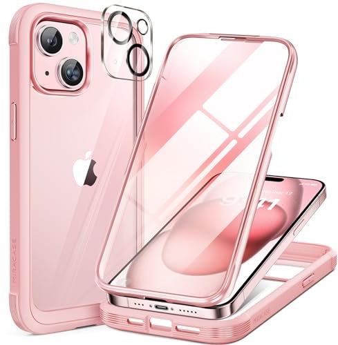 Miracase 360 Grad für iPhone 15 Plus Hülle, Eingebaut Glas Schutzfolie, Komplettschutz HandyHülle Stoßfest Case für iPhone 15 Plus Schutzhüllen 6,7 Zoll, Rosa