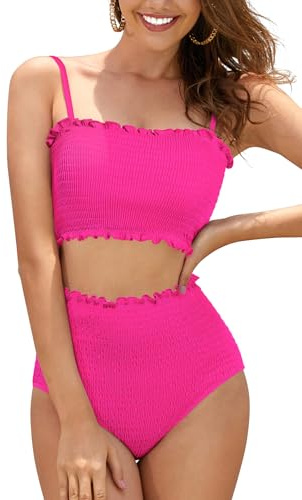 SHEKINI Women's Smocked Bikini Set High Waisted Bandeau Swimsuit Padded Tummy Control Two Pieces Bathing Suits, Pink, Large