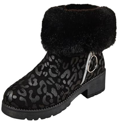 Winter Leopardenmuster Seitlicher Reißverschluss Plüsch Dicker Absatz Kurze Schneestiefel Jack Damen Lammfell Schwarz (Black, 40)