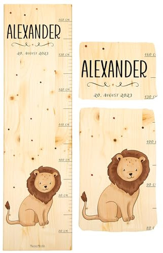 Muckelmeister Messlatte Kinder aus Holz personalisert 80-140cm - Muckelfreunde - 70x20x2cm Kinderzimmer Deko - Geschenke zur Geburt - Maßband Kinder Wand - Geschenkidee Kleinkind - Löwe