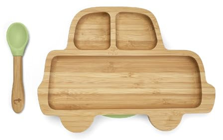 Tiggi Bamboo Baby Plate Baby Feeding Set with Suction Plate and Spoon | Eco-Friendly Bamboo Plates for Babies and Toddlers (Car, Mint Green)