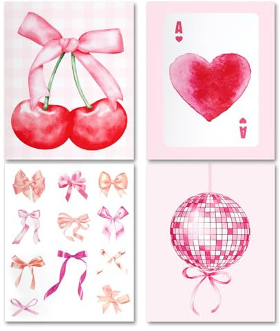 XIHIRCD 4 Stück Rosa Poster, Schleife Liebesherz Discokugel Kirschrosa Wandkunstdrucke Ästhetische Wanddekorationsposter für Mädchenschlafsaal-Schlafzimmerdekoration (Ungerahmt)