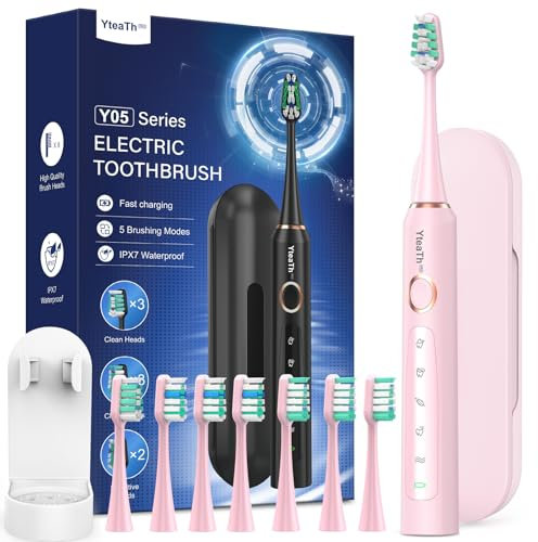 Brosse À Dent Électrique Soniques pour Adultes et Enfant - Brosse A Dent Enfant Sonique avec 8 Têtes de Brosse et Étui de Voyage, 5 Modes, Étanche IPX7, Brosse A Dent Electrique Enfant, Rose