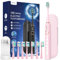 Cepillo de Dientes Eléctrico Sónico para Adultos y Infantil - Cepillo Dientes Infantil Sónico con 8 Cabezales y Estuche de Viaje, 5 Modos, IPX7 Impermeable, Cepillo Electrico Infantil, Rosa