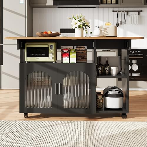 KAZZIO Isla de cocina, moderno armario de cocina, armario de cocina, carrito de servicio extraíble, armario de comedor con vetas de madera, armario de bufé, mesa de comedor multifuncional con espacio