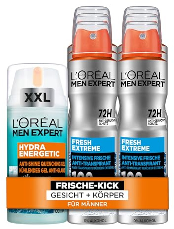 L'Oréal Men Expert kühlendes Pflegeset für Männer, Mit XXL Gesichtscreme und 6x Deospray, Set für Herren mit Vitamin C und Cooling-Effekt, Hydra Energy, Fresh Extreme, 7-teilig