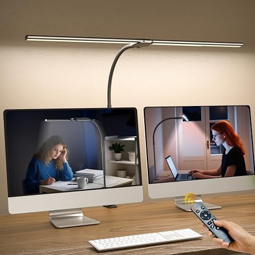 Doppelkopf Schreibtischlampe LED Dimmbar,1200 Lumen Schreibtischleuchte klemmbar mit 5 Farbtemperaturen und 5 Helligkeiten für Home Office,Augenschutz büro tischlampe mit Schwanenhals,Monitor Lampe