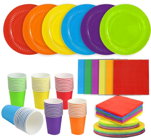 Lot de 120 assiettes en carton coloré pour anniversaire d'enfant avec 30 assiettes en carton de 23 cm, 30 assiettes de fête de 18 cm, 30 gobelets en carton de 270 ml, 30 serviettes de 25 cm, assiettes