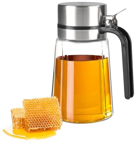 ZoeQide Dispensador Miel 400 ml Vidrio, Vertedor Inox con Tapa para Mesa | Dosificador de miel para sirope, cafe y pancakes, recipiente visible con pico practico para desayuno, mesa o rincon de cafe